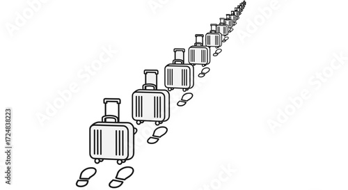 Journey's Echo: A line of rolling suitcases stretches into the distance, their presence marked by footprints, creating an evocative visual narrative of travel and adventure.