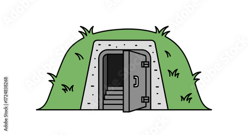 Secret Bunker Entrance: An illustrated entrance to an underground bunker is nestled within a grassy mound, the door ajar to reveal the unknown depths, inviting intrigue and curiosity.