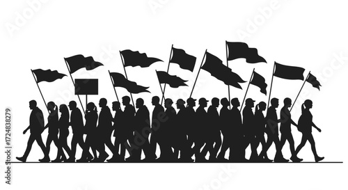Marching Crowd: A resolute assembly of people with flags moving forward, an emblem of unity, protest, and unwavering determination. A moment frozen in time.