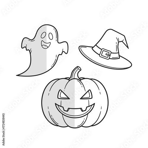 Spooky Halloween icons a friendly ghost, a grinning jack-o'-lantern, and a witch's hat