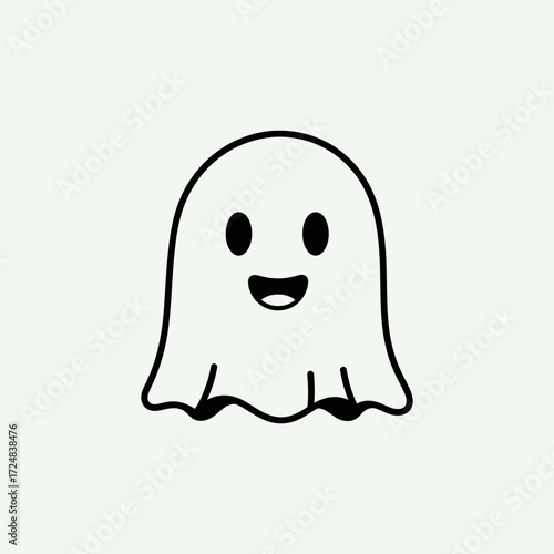 Minimalist black outline of a cute smiling ghost. An adorable and friendly phantom character, perfect for a Halloween icon or simple logo design. Vector graphic illustration