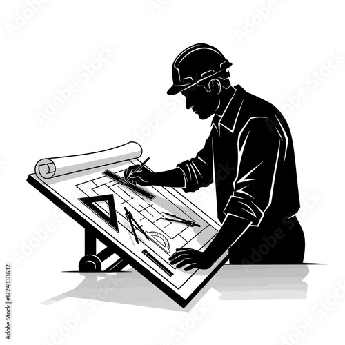 Focused Black Vector Silhouette of an Architect Designing Blueprints Showcasing Precision