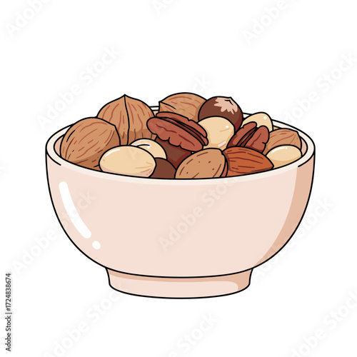 Bowl of mixed nuts including almonds, hazelnuts, and pecans  