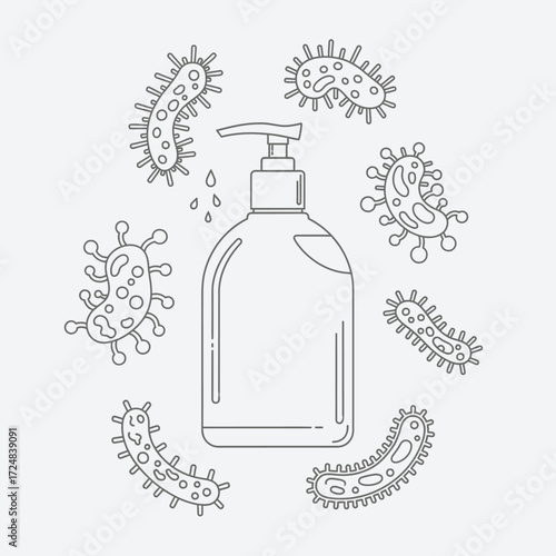 Line art illustration of an antiseptic soap dispenser surrounded by bacteria, representing hygiene and protection from germs and viruses