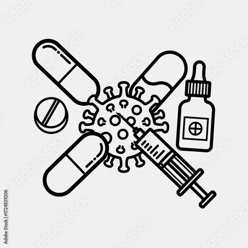 Illustration of a virus surrounded by various medical treatments including a vaccine syringe, pills, and a medicine bottle, representing pandemic healthcare