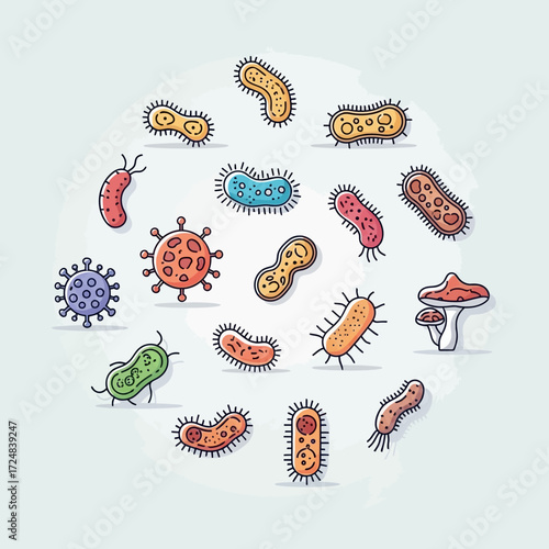 Collection of Various Bacteria, Viruses, and Microorganisms on a Light Background