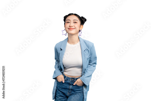 Portrait of a Smiling Asian Woman in fashionable attire with her hands in her pockets in PNG