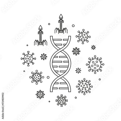 Vector line art illustration of a DNA helix surrounded by bacteriophages and various viruses. A conceptual design for genetic interaction, infection, and molecular biology studies