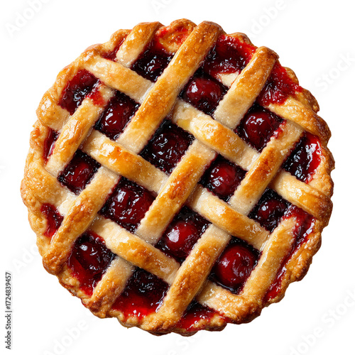 Homemade cherry pie with lattice crust isolated on white background, delicious sweet dessert pastry, traditional baked food concept