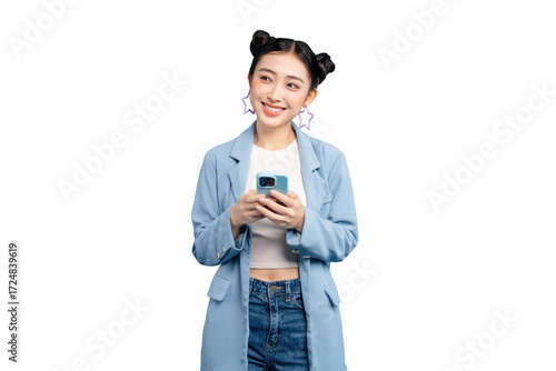 Happy young woman holding a smartphone, engaging in mobile communication and smiling in PNG