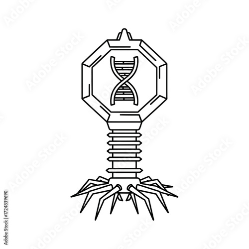 Illustration of a bacteriophage virus, a DNA double helix, and scientific research concepts