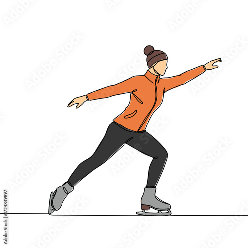 Young woman ice skating in orange jacket on a white background  