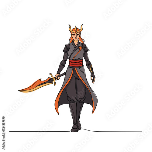 Fierce warrior character holding sword in dynamic pose  