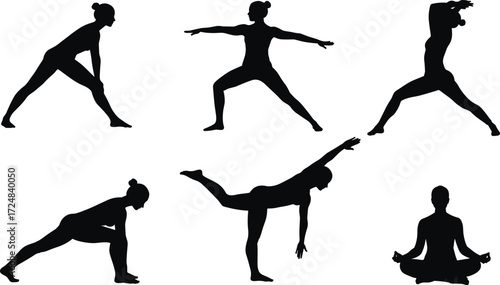 Yoga pose silhouettes, meditation vector illustration, fitness exercise design, stretching and balance art, healthy lifestyle concept, wellness practice, spiritual body movement