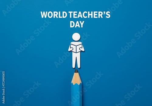 Minimalist Concept for World Teacher's Day, Teacher Figure Standing on a Pencil Tip, Simple Visual for the Importance of Education