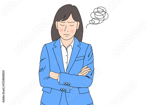腕組みをして考え込む 悩むビジネスウーマン女性のイラスト 上半身正面 カラー 青色