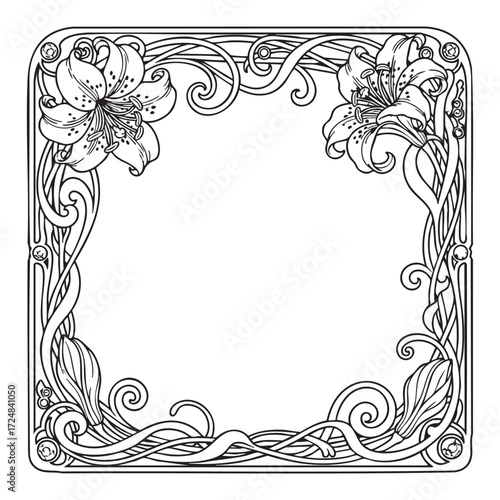 Vector art of elegant art nouveau floral frame with lilies and swirling vines