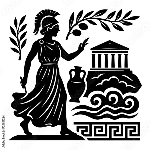 Ancient Greece Goddess with Olive Branch, Amphora and Temple — Hellenic Mythology Woodcut, Monochrome Vector