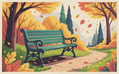 Flat vector illustration of a quiet park bench with autumn trees and golden leaves, vibrant hand-drawn style, perfect for seasonal designs, prints, and digital projects