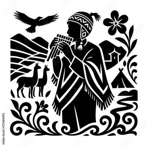 Andean Panpipe Player with Terraces and Birds — Latin Folk Heritage Woodcut, Monochrome Vector
