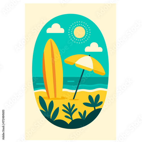 Sunny Beach with Surfboard and Umbrella — Summer Vacation Travel Poster, Clean Oval Vector