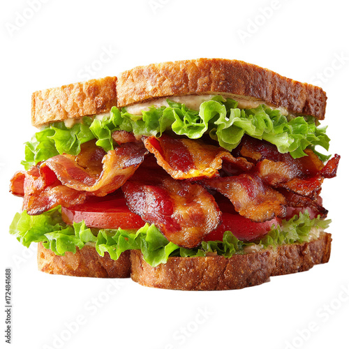 Delicious BLT sandwich with crispy bacon, fresh lettuce and tomato between toasted bread isolated on white background, classic lunch food