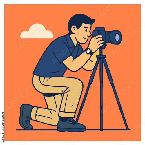 Photographer Kneeling with Camera and Tripod — Content Creator Photoshoot, Modern Flat Vector
