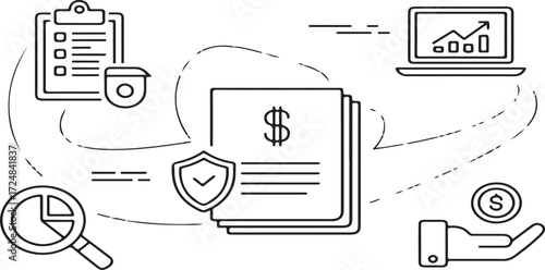 financial security, analysis, document protection, investment planning, business reporting, finance, financial statement, contract, document management, security shield, dollar sign, money, checklist,