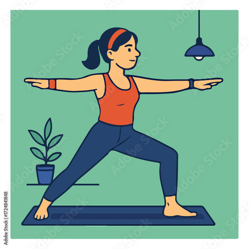 Woman Doing Warrior Pose at Home — Yoga Fitness and Mindfulness, Minimal Clean Vector