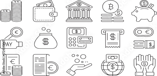 financial services, banking icons, money management, digital payment, finance, currency, cash, coins, dollar, euro, cryptocurrency, Bitcoin, wallet, purse, piggy bank, savings, investment, credit card
