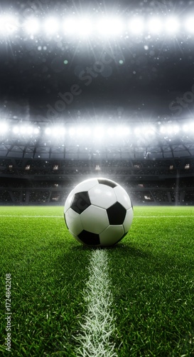 Soccer Ball on Green Field Under Stadium Lights