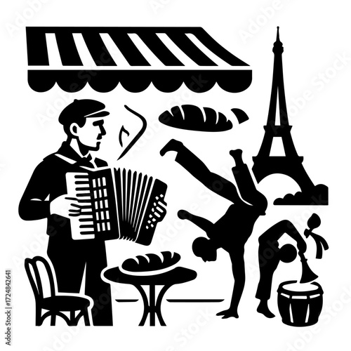 Paris Street Scene — Accordionist at Café, Can-Can Dancers and Eiffel Tower, French Culture Woodcut (B/W Vector)