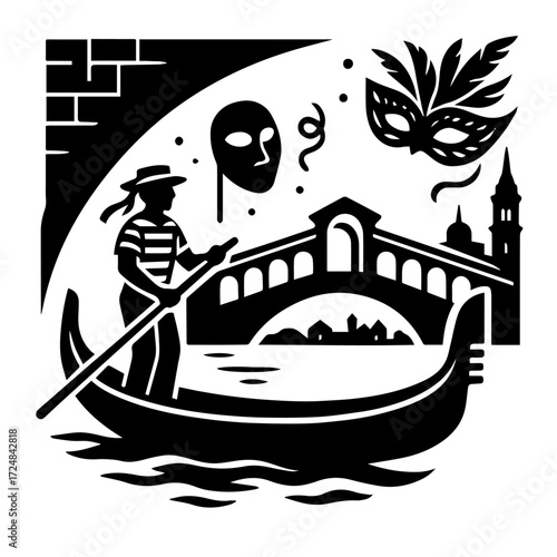 Venice Gondolier at Night with Masks and Bridge — Italian Canal Scene Woodcut, Monochrome Vector