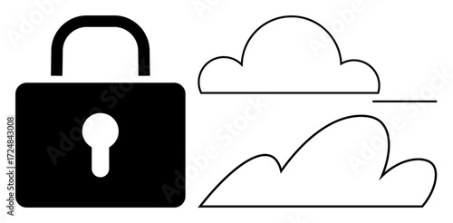 Lock symbol beside simple cloud shapes, representing cybersecurity, data privacy, and cloud safety. Ideal for technology, security, privacy, online protection cloud computing networking IT. Simple