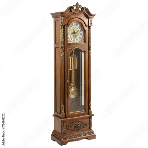 Ornate wooden grandfather clock with pendulum isolated on transparent background