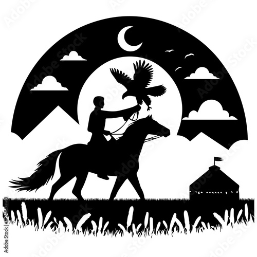 Eagle Hunter Riding Under Crescent Moon — Night Steppe Scene with Yurt, Round Woodcut Vector