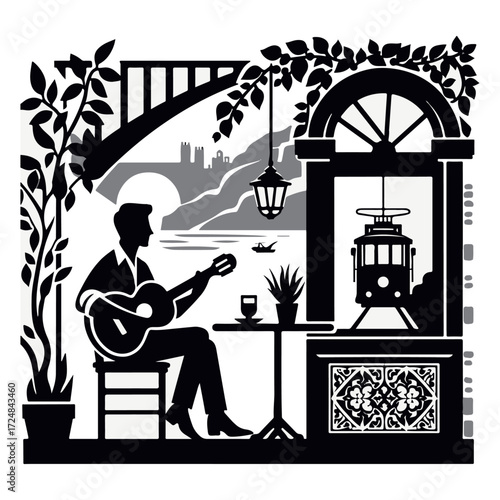 Fado in Lisbon Café Window — Guitarist with Tram Outside, Azulejo Ornament, Woodcut Monochrome Vector