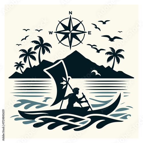 Polynesian Wayfinding — Outrigger Canoe with Sail, Palms & Compass Rose, Tropical Navigation Poster (Monochrome Vector)