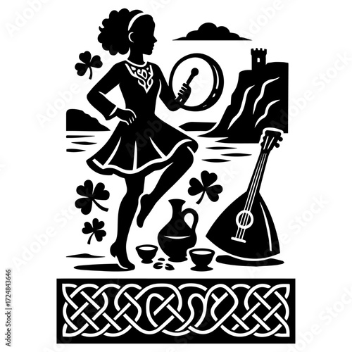 Mediterranean Folk Dancer with Tambourine & Guitar — Coastal Village Celebration, Ornamental Woodcut (B/W Vector)