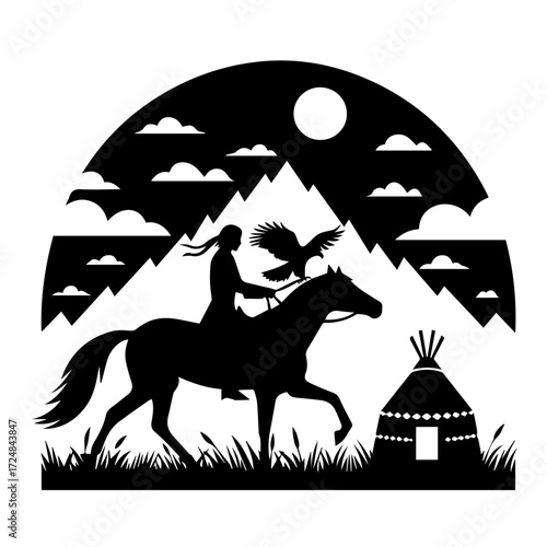 Native American Rider with Teepee & Mountains — Plains Landscape Moon Scene, Woodcut Monochrome Vector