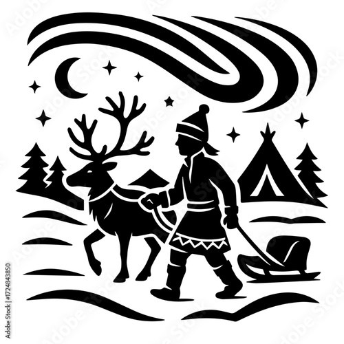 Sámi Reindeer Sled under Northern Lights — Lapland Arctic Heritage Woodcut, B/W Vector