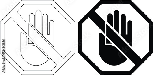 Do not enter or stop hand icon, in black outline and solid fill, a vector graphic of a prohibition sign