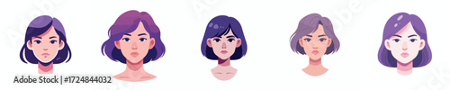 Vector Avatar of a woman's face with short purple hair, light skin, serious expression