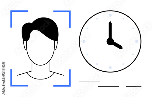 Head silhouette with facial recognition frame paired with an analog clock. Ideal for AI, machine learning, biometrics, employee attendance, time tracking, security, digital identity. Simple flat