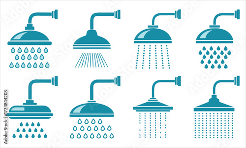 Collection of eight blue shower head icons with water droplets and spray patterns