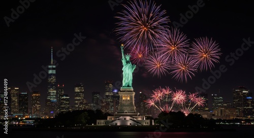 The New York City skyline with the Statue of Liberty in the foreground, surrounded by vibrant fireworks in the sky