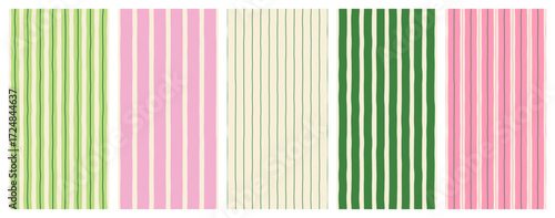 Set of seamless modern minimalist vertical summer colorful patterns with thin and thick stripes on a light background; green and pink colors; hand-drawn vector illustrations, drawing, flat style