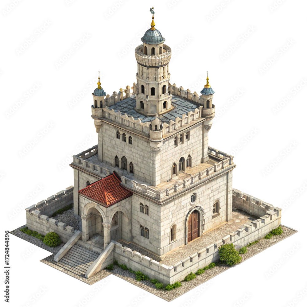 Fototapeta premium Medieval stone castle with a red tiled roof isolated on transparent background