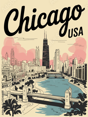 Chicago, USA travel poster in retro linocut style, showcasing iconic city landmarks in vintage design, perfect for wall art, prints, and digital decoration