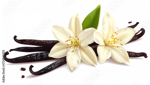 Dark brown vanilla beans with two creamy white blossoms and a single green leaf, isolated on white background, showcasing a close-up detailed view of the plant